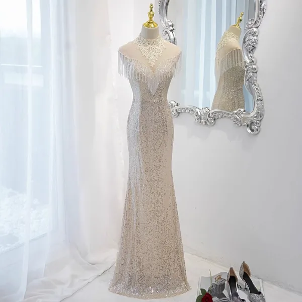Charming Silver Beading Tassel Sequins Lace Flower Evening Dresses 2023 Trumpet / Mermaid High Neck Sleeveless Floor-Length / Long Evening Party Formal Dresses
