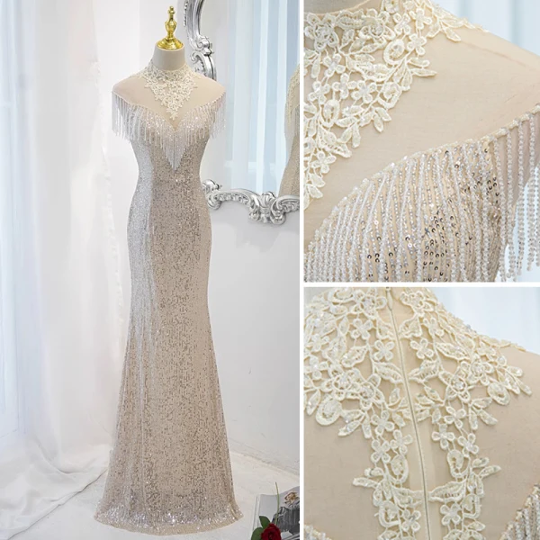 Charming Silver Beading Tassel Sequins Lace Flower Evening Dresses 2023 Trumpet / Mermaid High Neck Sleeveless Floor-Length / Long Evening Party Formal Dresses