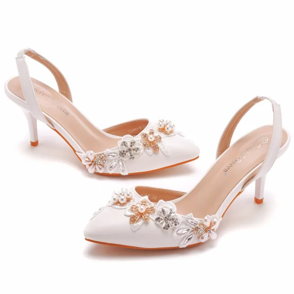 Charming White Pearl Rhinestone Lace Flower Wedding Shoes 2023 7 cm Stiletto Heels Pointed Toe Wedding Sandals High Heels