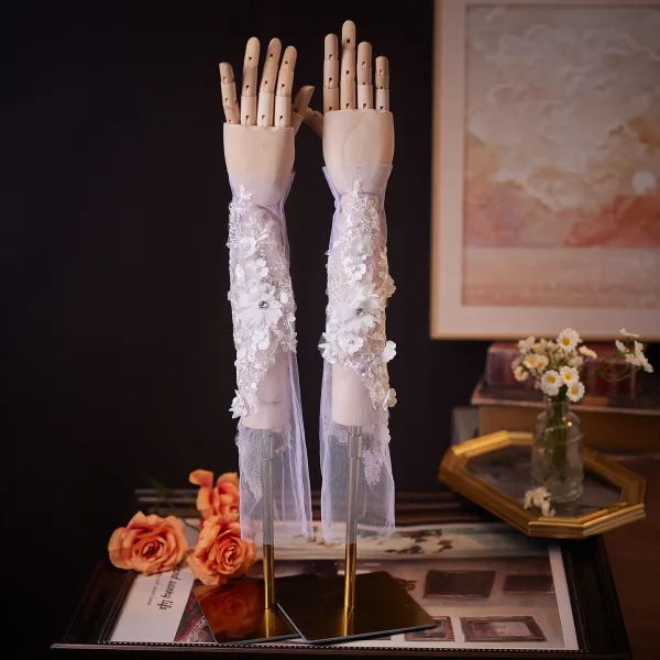 Elegant White Lace Flower Sequins Appliques Pearl Wedding Bridal Gloves Tulle 2026