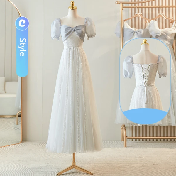 Modest / Simple Grey Short Sleeve Backless Bridesmaid Dresses 2024 A-Line / Princess Floor-Length / Long Tulle
