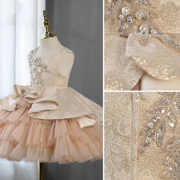 Chic / Belle Champagne Perlage Perle En Dentelle Paillettes Anniversaire Robe Ceremonie Fille 2022 Robe Boule Encolure Dégagée Sans Manches Courte Volants en Cascade Robe Ceremonie Fille