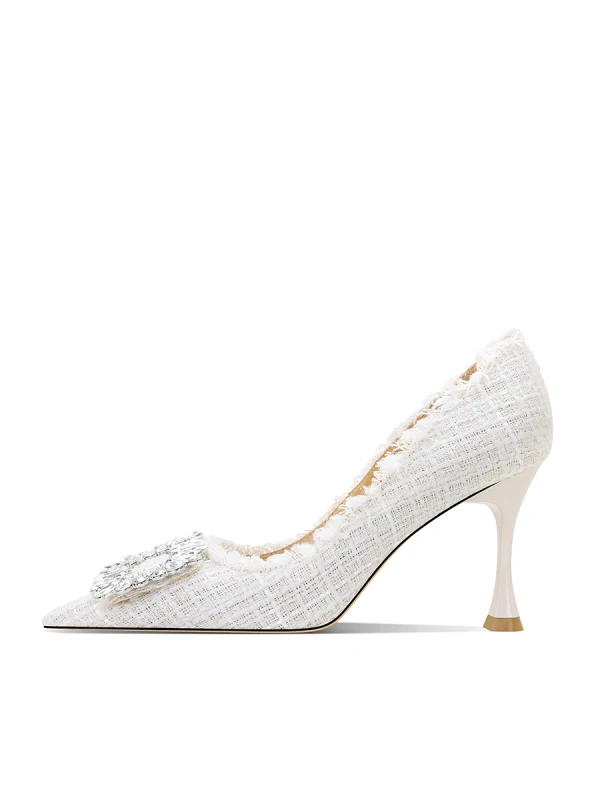 Charmant Blanche Faux Diamant Chaussure De Mariée 2024 Cuir 8 cm Talons Aiguilles À Bout Pointu Mariage Escarpins Talons Hauts