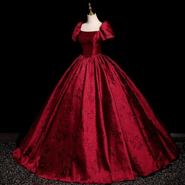 Elegant Burgundy Printing Prom Dresses 2025 Ball Gown Square Neckline Short Sleeve Backless Floor-Length / Long Prom Formal Dresses