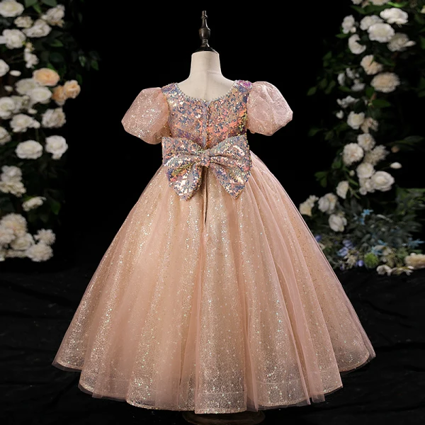 Scintillantes Champagne Glitter Paillettes Noeud Anniversaire Robe Ceremonie Fille 2024 Robe Boule Encolure Dégagée Manches Courtes Longue Tulle