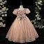 Scintillantes Champagne Glitter Paillettes Noeud Anniversaire Robe Ceremonie Fille 2024 Robe Boule Encolure Dégagée Manches Courtes Longue Tulle