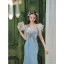 Scintillantes Bleu Ciel Perlage Paillettes Robe De Bal 2022 Trompette / Sirène Encolure Carrée Sans Manches Dos Nu Longue Robe De Ceremonie