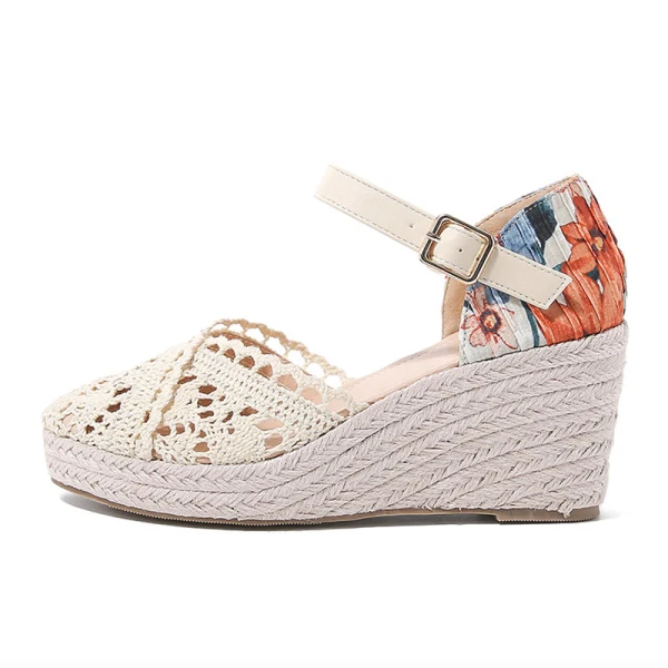 Fashion Summer Beige Street Wear Womens Sandals 2023 Ankle Strap 7 cm Wedges Round Toe Womens Shoes