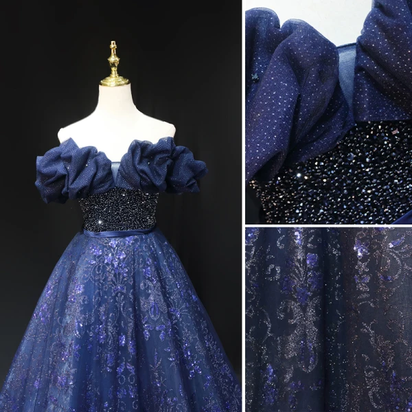 Glitzernden Marineblau Glanz Perlenstickerei Pailletten Ballkleider 2023 A Linie Bandeau Ärmellos Rückenfreies Lange Ball Festliche Kleider