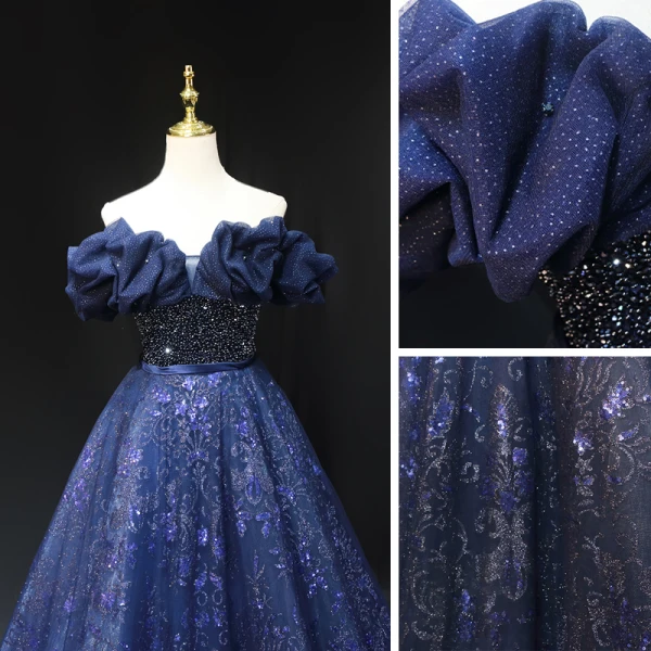 Scintillantes Bleu Marine Perlage Paillettes Robe De Soirée 2023 Princesse De l'épaule Sans Manches Dos Nu Ceinture Longue Soirée Robe De Ceremonie