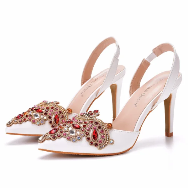 Chic / Beautiful White Rhinestone Wedding Shoes 2023 9 cm Stiletto Heels Pointed Toe Wedding Sandals High Heels