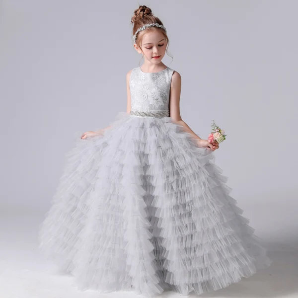 Chic / Beautiful Grey Cascading Ruffles Birthday Flower Girl Dresses 2022 A-Line / Princess Scoop Neck Sleeveless Bow Sash Floor-Length / Long Flower Girl Dresses