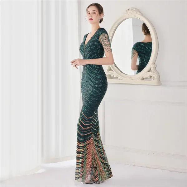 Sexy Black Beading Sequins Evening Dresses 2022 Trumpet / Mermaid V-Neck Sleeveless Floor-Length / Long Evening Party Formal Dresses