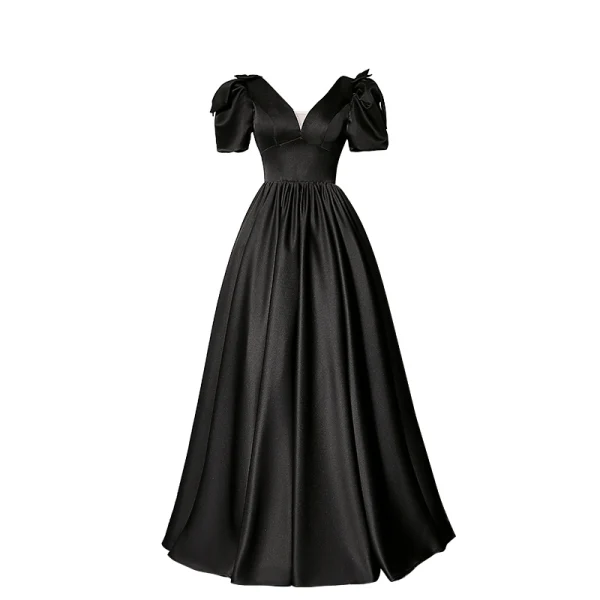 Elegant Black Satin Prom Dresses 2022 A-Line / Princess V-Neck Short Sleeve Backless Floor-Length / Long Formal Dresses