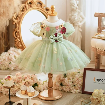 Heerlijk Saliegroen Kant Bloem Korte Verjaardag Bloemenmeisjes Jurken 2024 Baljurk Ronde Hals Gezwollen Korte Mouwen Ruglooze