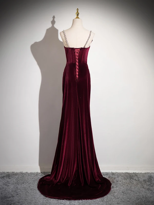 Charming Burgundy Velvet Flower Evening Dresses 2024 Trumpet / Mermaid Spaghetti Straps Sleeveless Backless Sweep Train Evening Party Formal Dresses