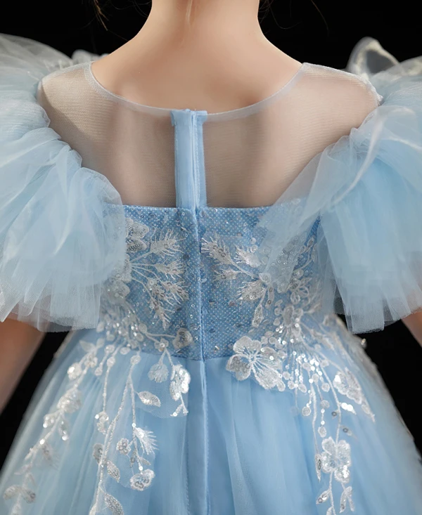 Fashion Sky Blue Sequins Lace Flower Ruffle Birthday Flower Girl Dresses 2024 Ball Gown Scoop Neck Short Sleeve Floor-Length / Long