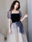 Chic / Belle Océan Bleu Robe De Bal 2022 Princesse Faux Diamant Encolure Carrée Manches Courtes Dos Nu Noeud Mi-Longues Robe De Ceremonie