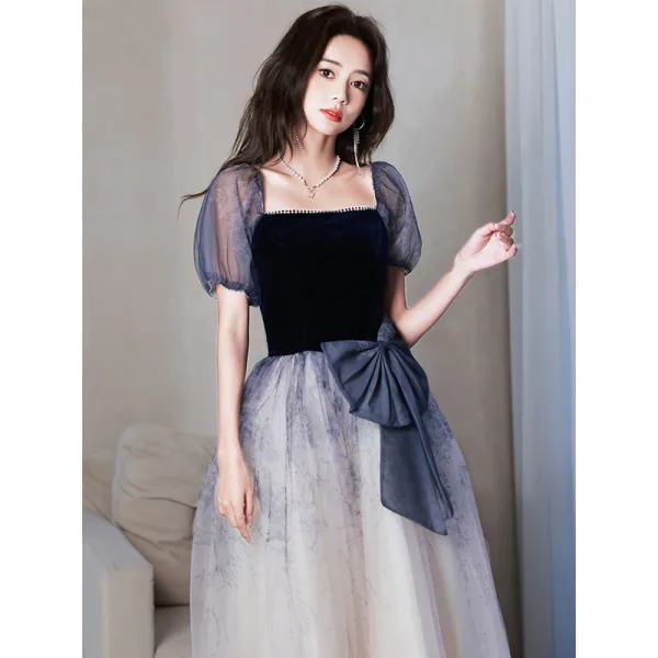 Chic / Beautiful Navy Blue Prom Dresses 2022 A-Line / Princess Pearl Square Neckline Short Sleeve Backless Bow Floor-Length / Long Formal Dresses