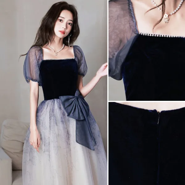 Chic / Beautiful Navy Blue Prom Dresses 2022 A-Line / Princess Pearl Square Neckline Short Sleeve Backless Bow Floor-Length / Long Formal Dresses