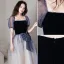 Chic / Beautiful Navy Blue Prom Dresses 2022 A-Line / Princess Pearl Square Neckline Short Sleeve Backless Bow Floor-Length / Long Formal Dresses