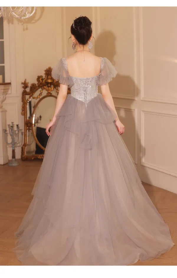 Charming Grey Beading Sequins Cascading Ruffles Prom Dresses 2024 Ball Gown Off-The-Shoulder Short Sleeve Backless Floor-Length / Long Prom Formal Dresses