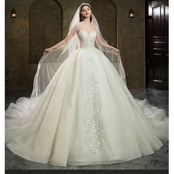 Haut De Gamme Ivoire Perlage Perle Faux Diamant Paillettes Robe De Mariée 2022 Robe Boule Encolure Dégagée Manches Courtes Dos Nu Royal Train Mariage