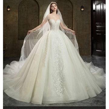High End Ivory Beading Pearl Rhinestone Sequins Wedding Dresses 2022 Ball Gown Scoop Neck Short Sleeve Backless Royal Train Wedding