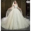 High-end Ivory Beading Pearl Rhinestone Sequins Wedding Dresses 2022 Ball Gown Scoop Neck Short Sleeve Backless Royal Train Wedding