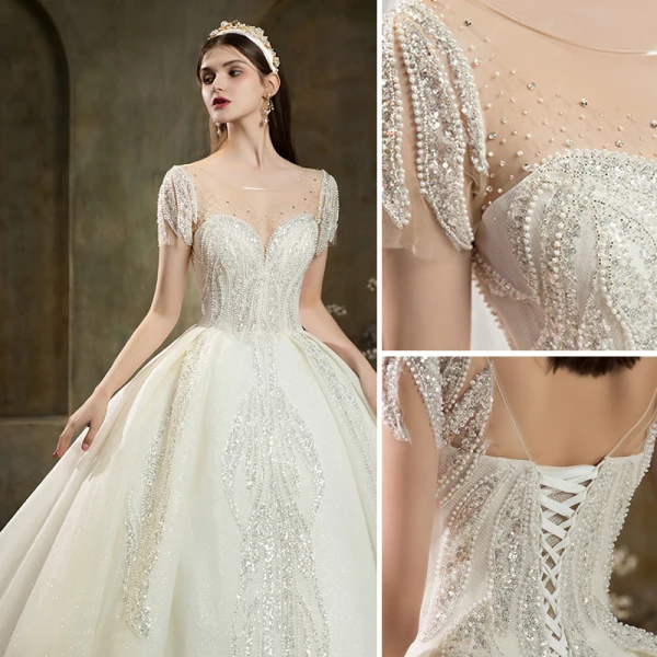 High-end Ivory Beading Pearl Rhinestone Sequins Wedding Dresses 2022 Ball Gown Scoop Neck Short Sleeve Backless Royal Train Wedding