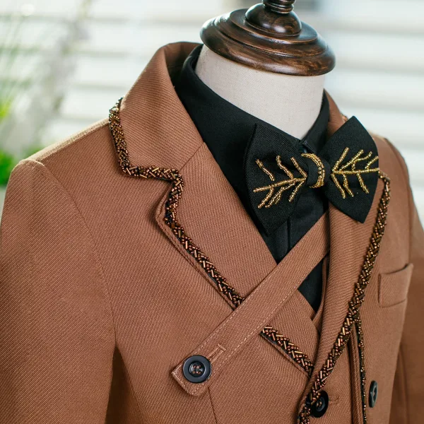 Fashion Tan 5-piece Long Sleeve Boys Wedding Suits 2025 Coat Pants Shirt Tie Vest