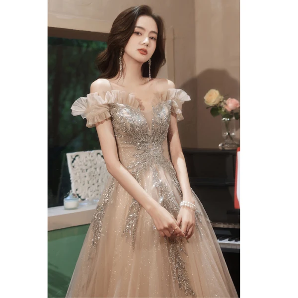 Charmant Scintillantes Kaki Paillettes Robe De Bal 2022 Princesse Volants De l'épaule Perlage Manches Courtes Dos Nu Longue Robe De Ceremonie