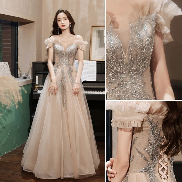 Charmant Scintillantes Kaki Paillettes Robe De Bal 2022 Princesse Volants De l'épaule Perlage Manches Courtes Dos Nu Longue Robe De Ceremonie