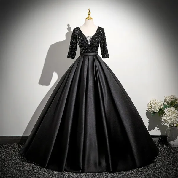 Vintage / Retro Black Beading Sequins Satin Prom Dresses 2025 Ball Gown V-Neck 3/4 Sleeve Backless Floor-Length / Long Formal Dresses