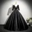 Vintage / Retro Black Beading Sequins Satin Prom Dresses 2025 Ball Gown V-Neck 3/4 Sleeve Backless Floor-Length / Long Formal Dresses