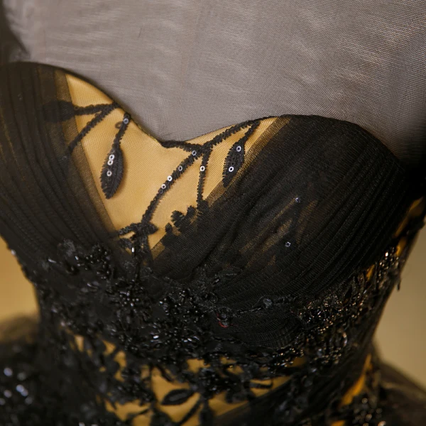 Vintage / Retro Black Beading Sequins Lace Flower Cascading Ruffles Prom Dresses 2023 Ball Gown Scoop Neck Puffy Short Sleeve Backless Floor-Length / Long Prom