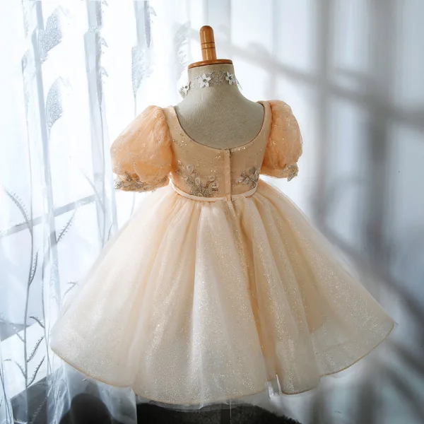 Mode Champagne Perlage Perle Paillettes En Dentelle Fleur Anniversaire Robe Ceremonie Fille 2022 Robe Boule U-Cou Gonflée Manches Courtes Ceinture Noeud Courte Dos Nu Robe Ceremonie Fille