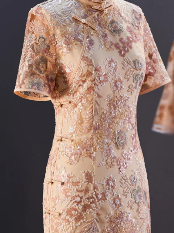 Vintage / Retro Chinese style Dusky Pink Pearl Sequins Lace Flower Split Front Evening Party Cheongsam 2025 Trumpet / Mermaid High Neck Short Sleeve Zipper Up Floor-Length / Long