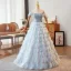 High-end Sky Blue Beading Rhinestone Cascading Ruffles Prom Dresses 2024 Ball Gown Off-The-Shoulder Sleeveless Backless Floor-Length / Long Prom Formal Dresses