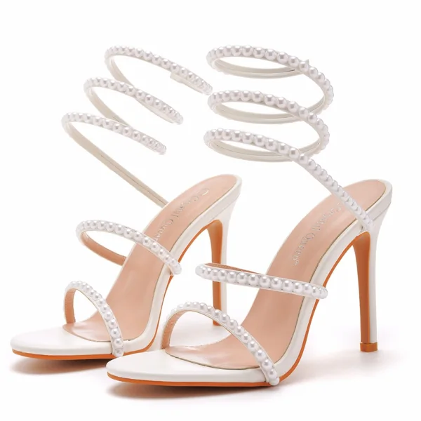 Sexy White Pearl Ankle Strap Summer Evening Party Womens Sandals 2023 10 cm Stiletto Heels Open / Peep Toe Sandals High Heels