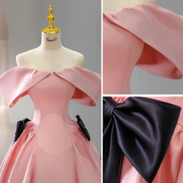 Elegant Candy Pink Satin Prom Dresses 2023 Ball Gown Off-The-Shoulder Short Sleeve Backless Bow Floor-Length / Long Prom Formal Dresses