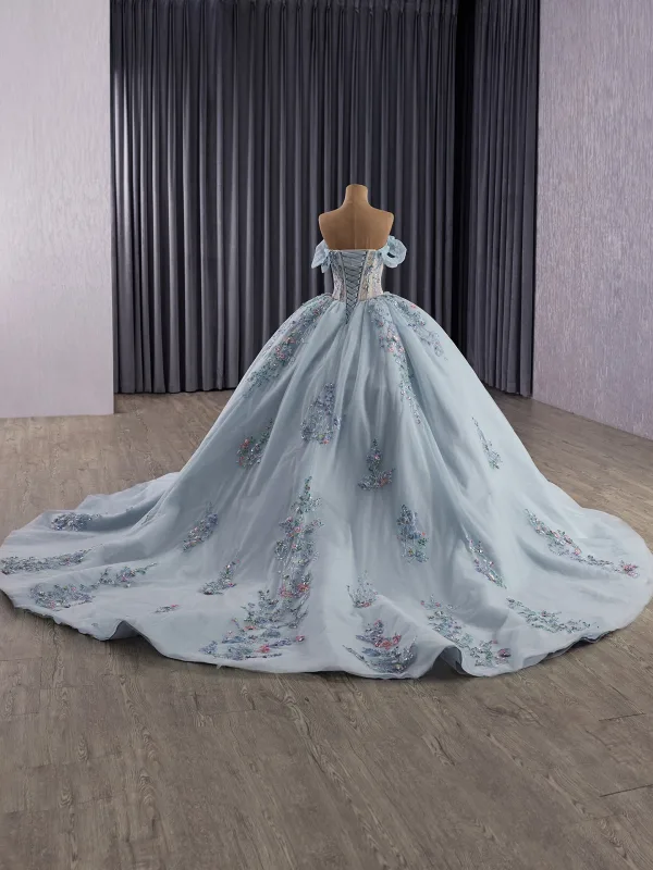 High-end Sky Blue Sequins Lace Flower Prom Dresses 2025 Ball Gown Off-The-Shoulder Short Sleeve Backless Court Train Formal Dresses