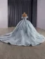 High-end Sky Blue Sequins Lace Flower Prom Dresses 2025 Ball Gown Off-The-Shoulder Short Sleeve Backless Court Train Formal Dresses