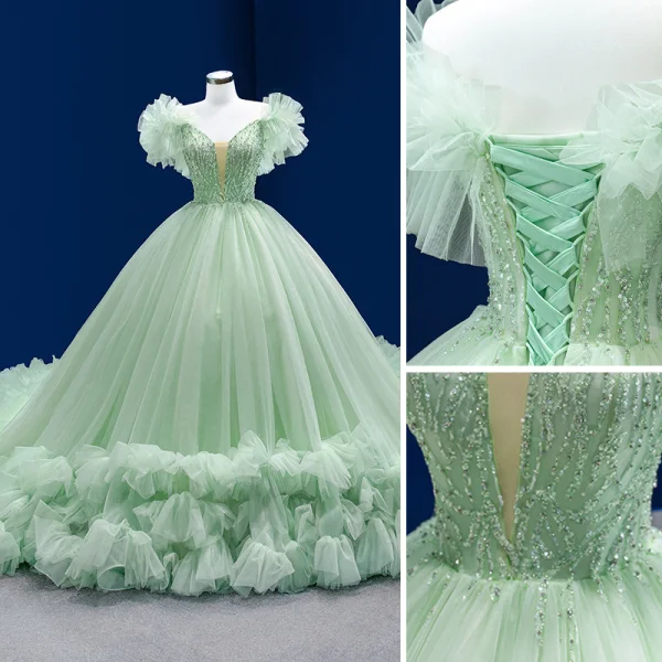 Luxe Vert Cendré Volants en Cascade Perlage Faux Diamant Paillettes Robe De Bal 2022 Robe Boule V-Cou Manches Courtes Dos Nu Royal Train Promo Robe De Ceremonie