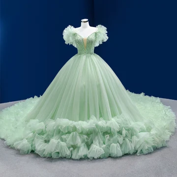 Luxe Vert Cendré Volants En Cascade Perlage Faux Diamant Paillettes Robe De Bal 2022 Robe Boule V Cou Manches Courtes Dos Nu Royal Train Promo Robe De Ceremonie