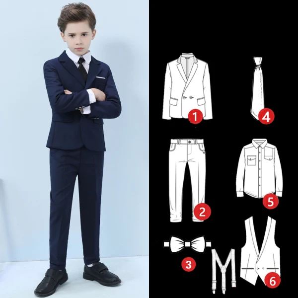 Navy Blue Long Sleeve Boys Wedding Suits 2022 Wedding Coat Pants Shirt Tie Vest