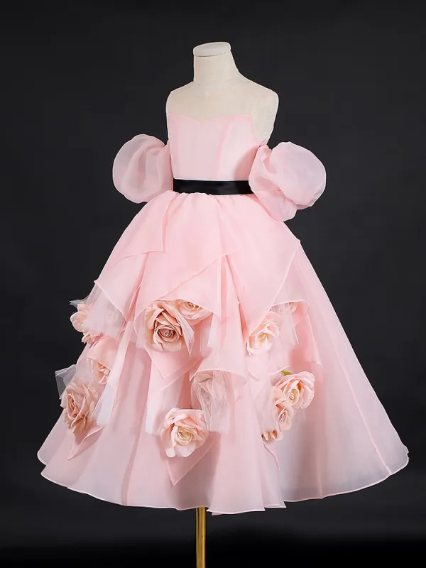 Lovely Blushing Pink Appliques Birthday Organza Flower Girl Dresses 2024 A-Line / Princess Strapless Puffy Short Sleeve Backless Floor-Length / Long