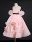 Lovely Blushing Pink Appliques Birthday Organza Flower Girl Dresses 2024 A-Line / Princess Strapless Puffy Short Sleeve Backless Floor-Length / Long