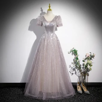 Sparkly Sølv Paljetter Ballkjoler 2023 Prinsesse V Hals Korte Ermer Ryggløse Perle Dusk Lange Ball Formelle Kjoler