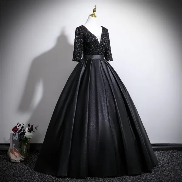 Vintage / Retro Black Sequins Prom Dresses 2025 Ball Gown V-Neck 3/4 Sleeve Backless Floor-Length / Long Formal Dresses